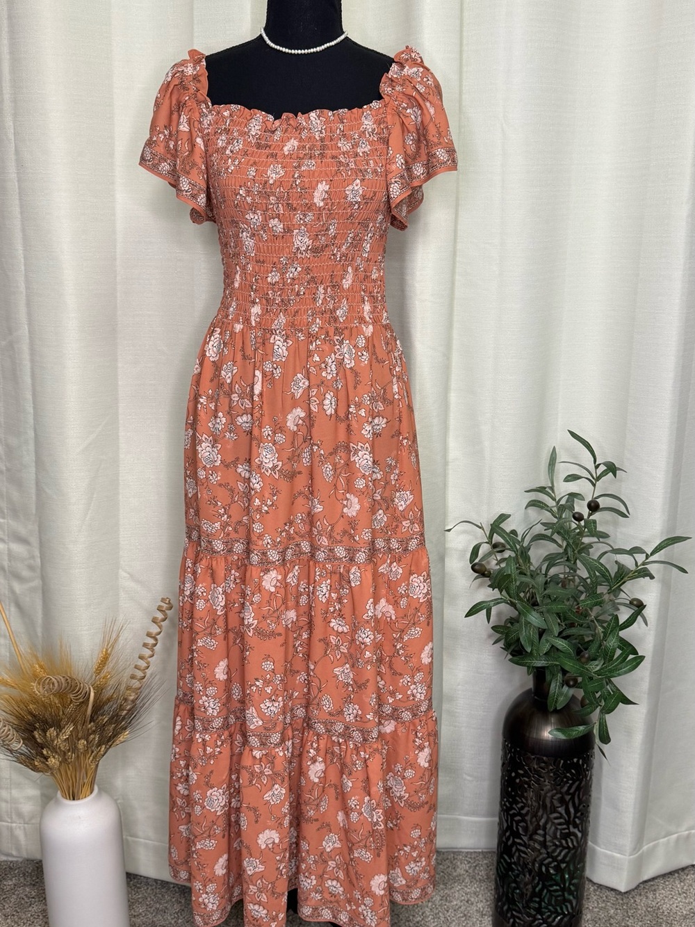 Max Studio Rust Floral Smocked Maxi Dress - Picture 2 of 10